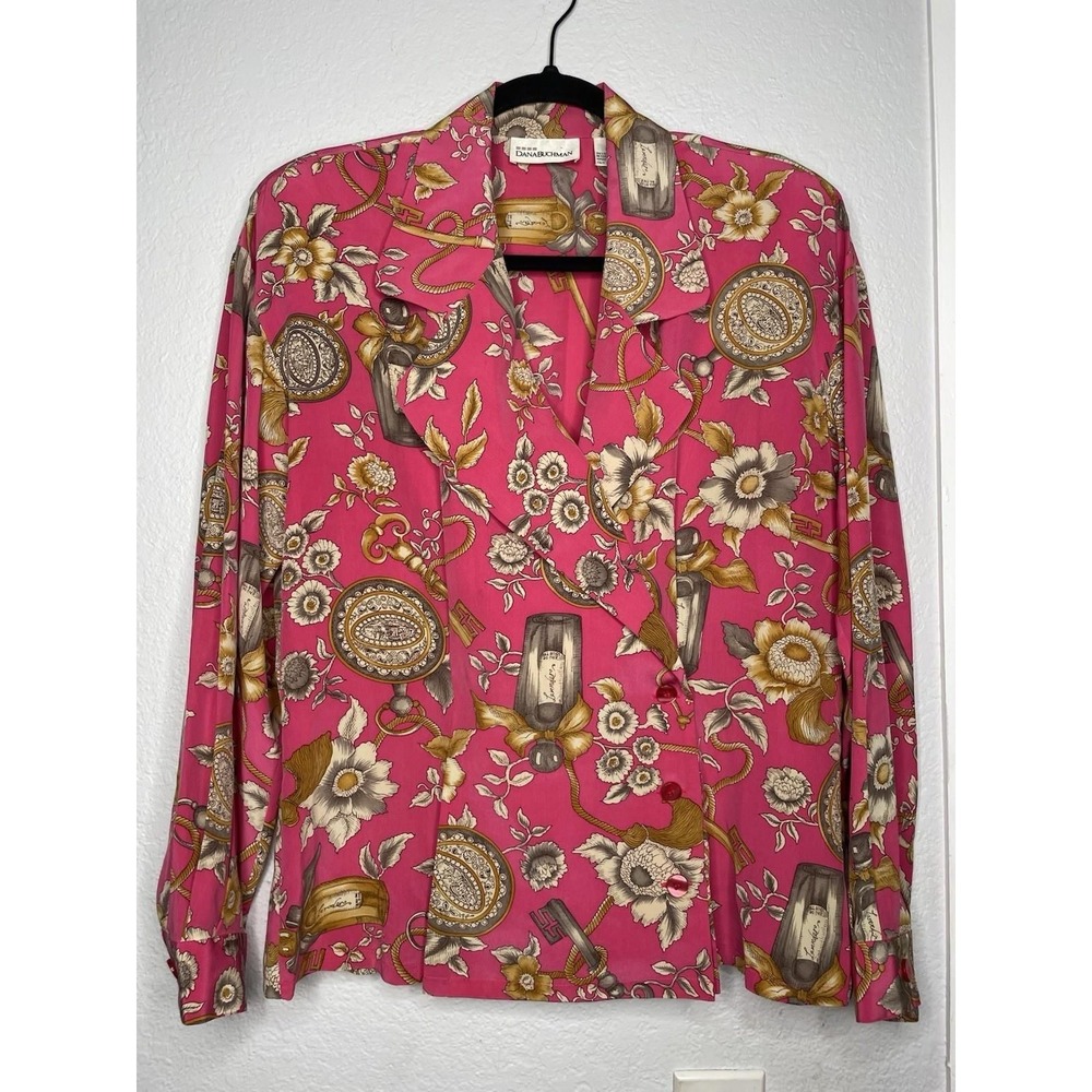 Vintage Silk Y2K Dana Buchman Glam Preppy Blouse Top Pink All Over Print shirt